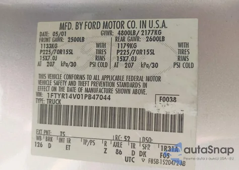 2001 Ford Ranger Edge/Xl/Xlt from USA, damaged, VIN 1FTYR14V01PB47044